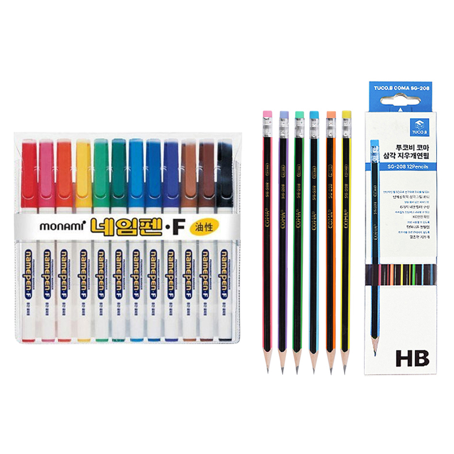 모나미 중간 글씨용 네임펜 F + 투코비 삼각 지우개 연필 SG-208 12개입 세트 10,220원