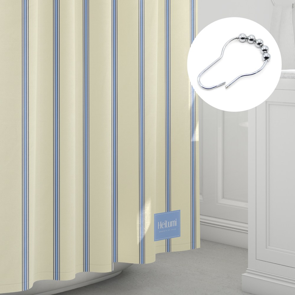 프리미엄 패브릭 방수 샤워 커튼 + 스텐 커튼 링 12p, 1개, 크림블루 스트라이프 29,900원