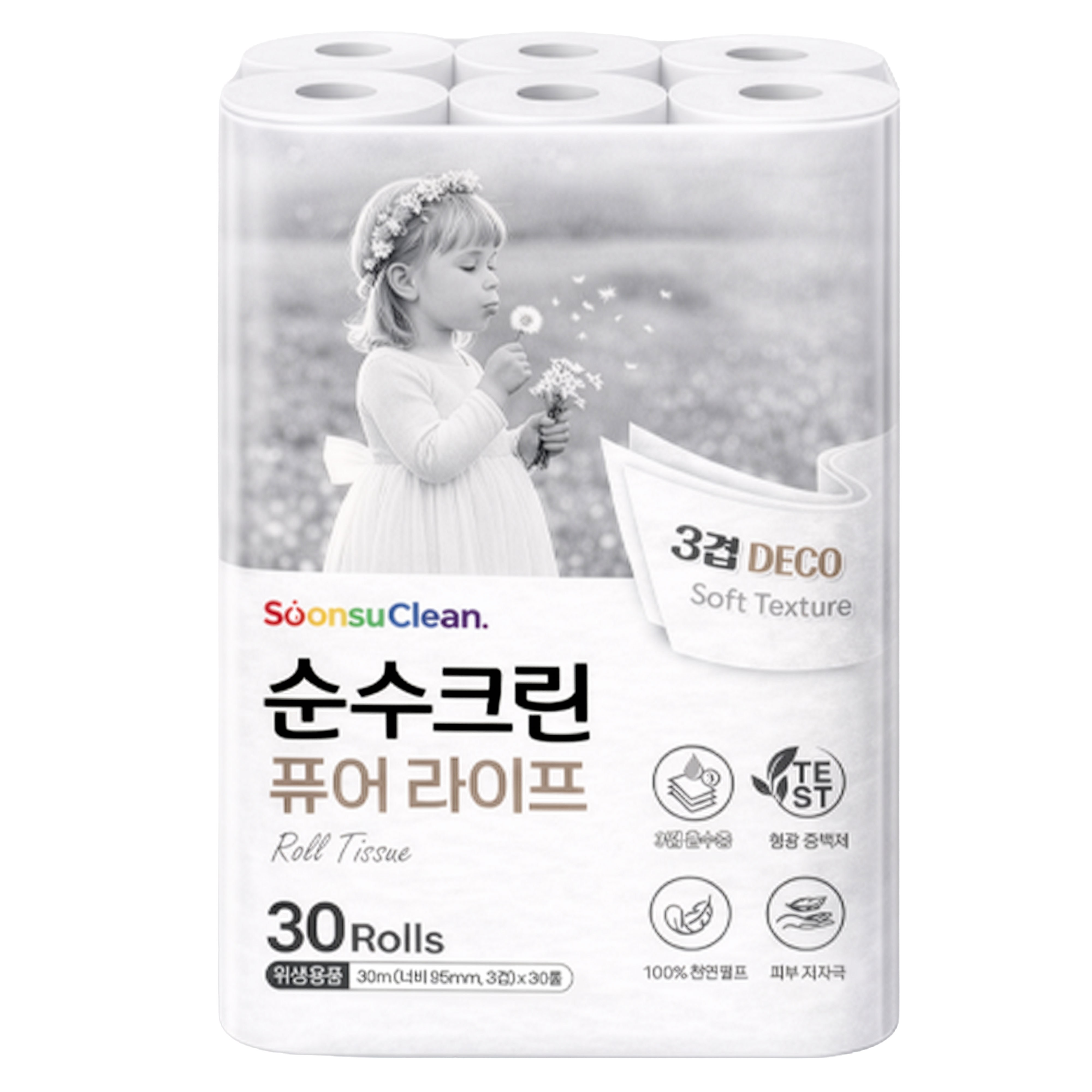 순수크린 퓨어라이프 30m x 30롤 1팩 천연펄프 100% 롤화장지 도톰한 데코3겹 두루말이 프리미엄 휴지 1등급 천연펄프 먼지가 없습니다 9,900원