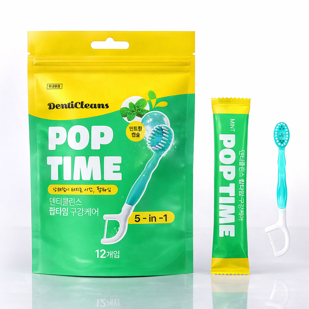 덴티클린스 팝타임 일회용 미니칫솔 민트향 5 in 1 구강케어세트 칫솔 치실 혀클리너 휴대용 개별포장, 12개, 1세트 10,900원