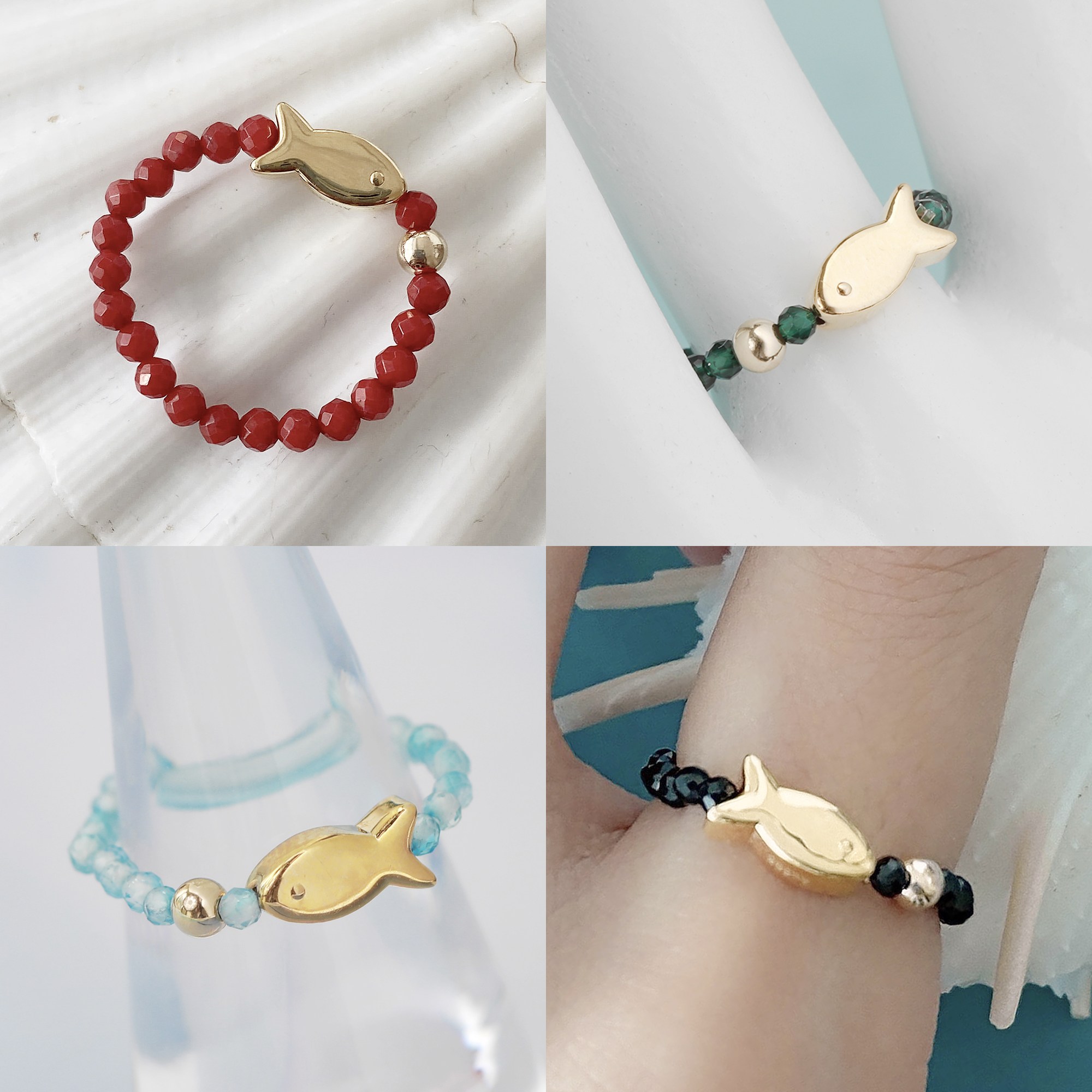 14K 행운 천연석 물고기 반지 산호석 마노석 아쿠아마린 블랙스피넬 원석반지 120,000원