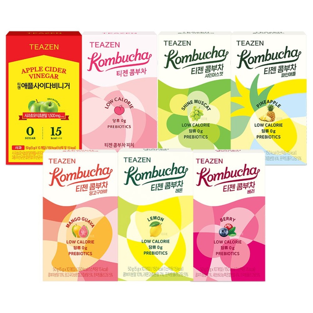 티젠 콤부차 7가지맛 혼합구성 (레몬/베리/망고구아바/파인애플/피치/샤인머스캣/애사비 +티젠 상품 중 본품 1개 랜덤 증정) 20,500원