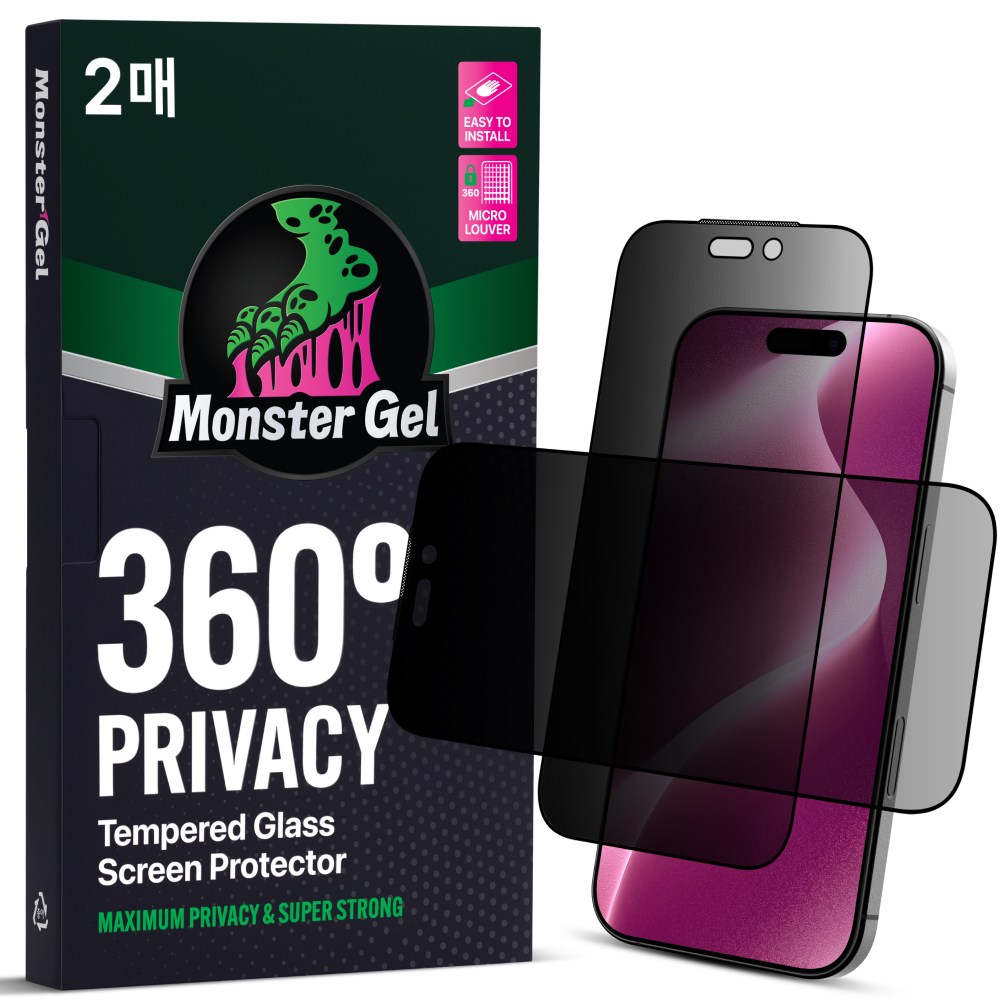 몬스터겔 360도 상하좌우 완벽차단 사생활보호 강화유리 아이폰 액정보호필름 2매 + 똥손탈출 부착틀, 1세트 30,900원