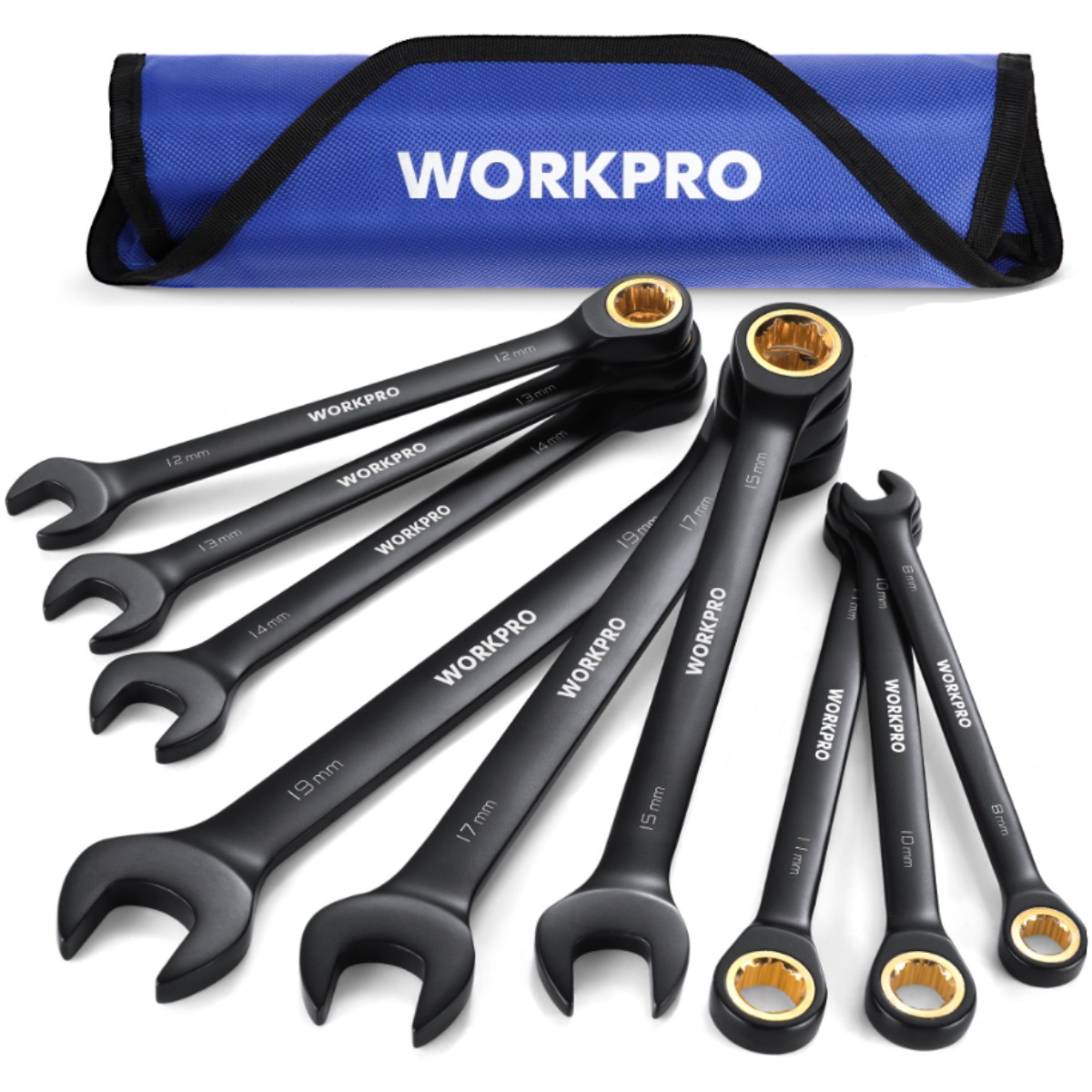 WORKPRO 9PC 논슬립 미끄럼 방지 라쳇 양용 렌치 기어렌치 세트 콤비네이션 메트릭 크롬 바나듐 강철 스틸 다용도 가정용 휴대용 스패너 수납 가방 파우치 증정, 1세트 37,350원