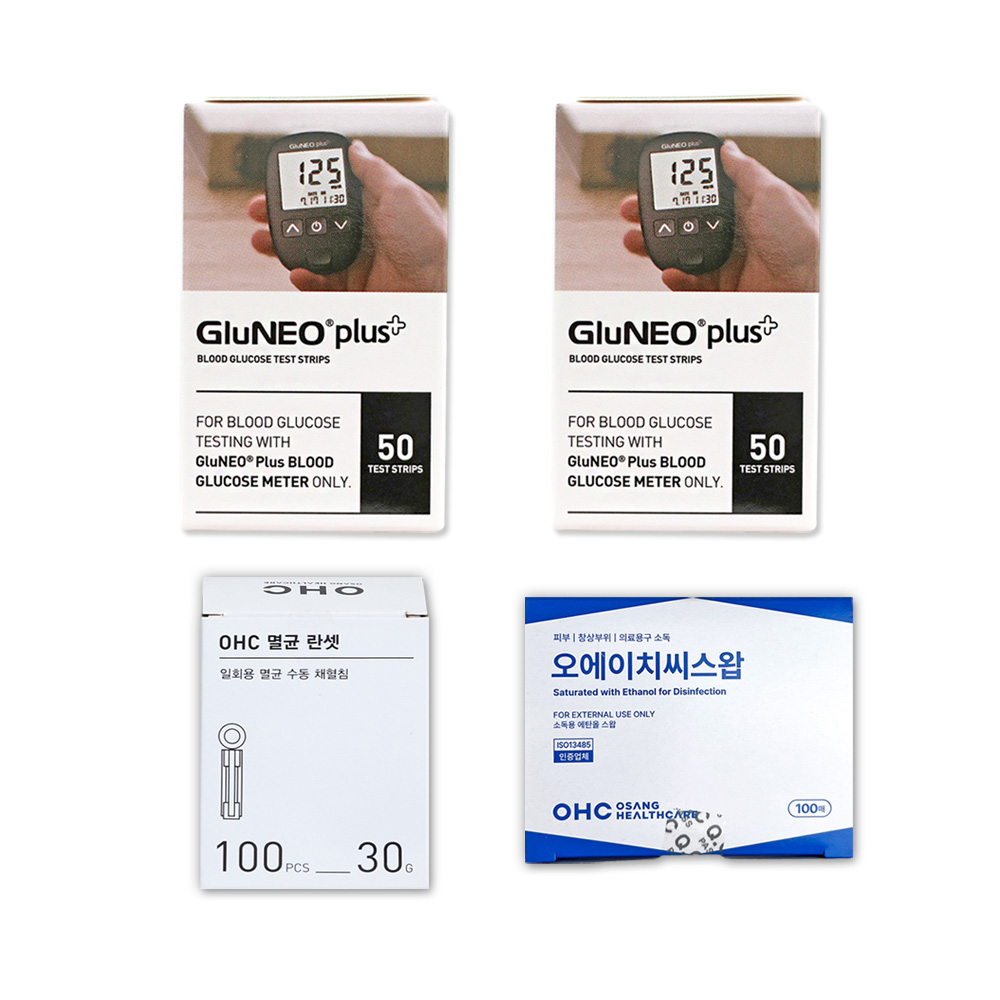 오상헬스케어 글루네오 플러스 혈당측정기 전용 검사지 100p + OHC 멸균 란셋 30G 100개입 + 에스엠클린스왑 100p, 1세트 22,000원