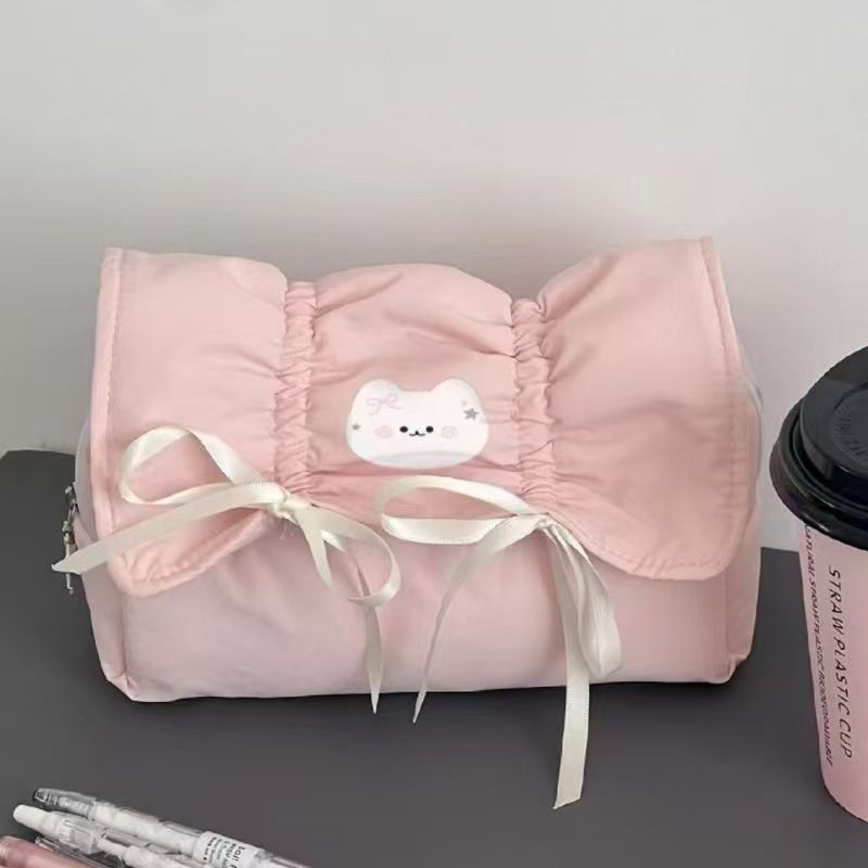 귀여운 고양이 리본 필통 봉제 천 패브릭 학생 파우치, 1개, 핑크 8,800원