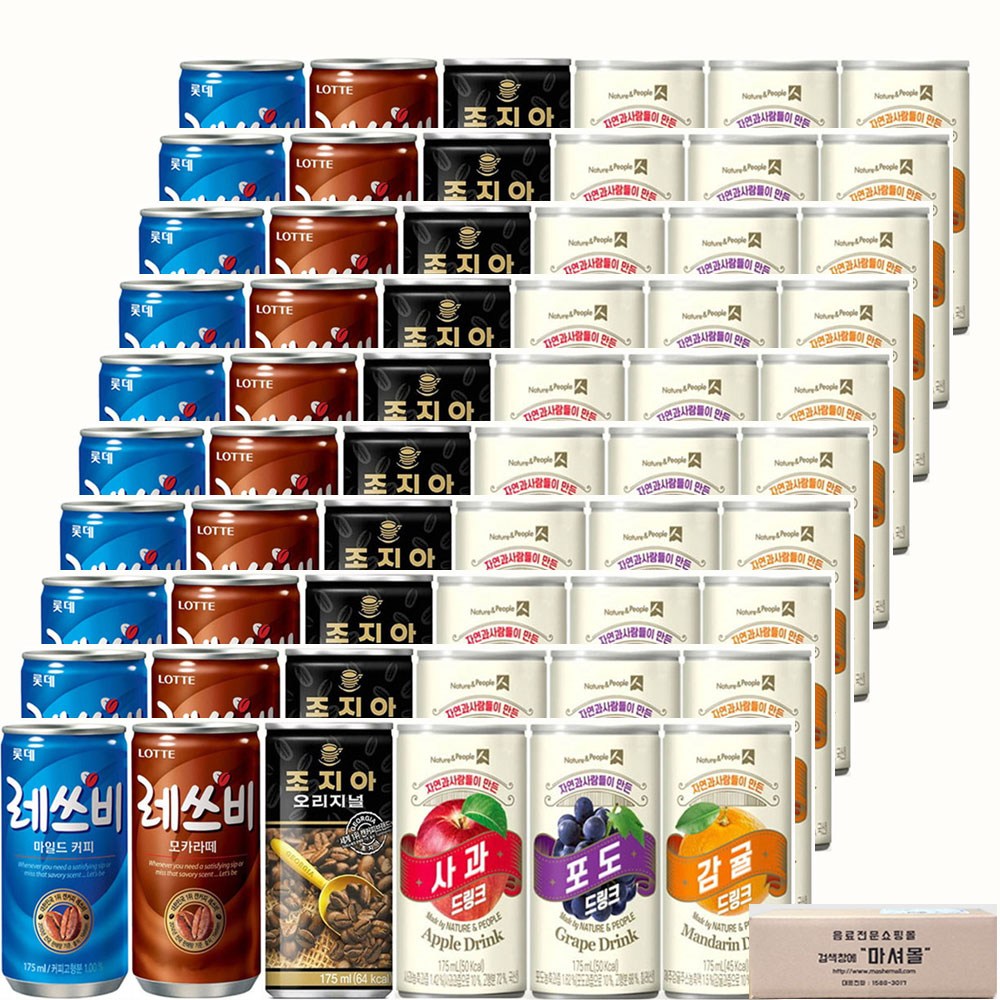 (캔커피+주스 미니캔 혼합세트 6가지맛 각10캔씩 총60캔) (레쓰비마일드+레쓰비모카+조지아오리지널)+(제주감귤+사과+포도), 175ml, 60개 29,910원