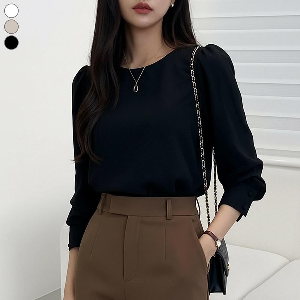 블레스유 여성용 주름없는 링클프리 셔링 블라우스 라운드넥 셔츠 베이직 데일리 긴팔 남방 오피스룩 19,900원