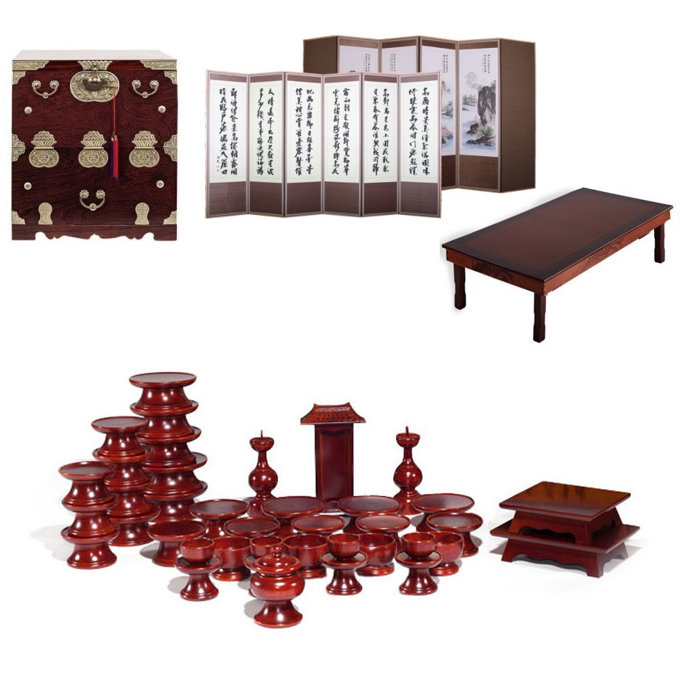 패키지 문화재 물푸레 제기 39p + 남원 오동나무 앞닫이 제기함 + 남원목기공예 옥비단 산수화 추사한시 6폭 병풍 + 남원 춘향골 직교자상 80-120 800,000원