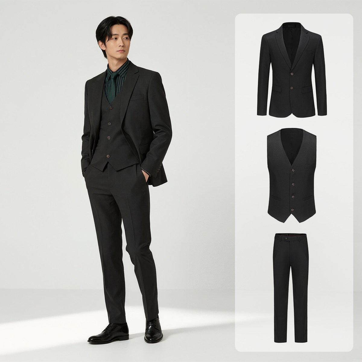 Cloudstyle 투버튼 캐주얼 쓰리피스 남성 정장세트 재킷+조끼+바지 면접 출근룩 남자수트 3피스 결혼식 하객 남성 슈트 (4컬러) 128,900원