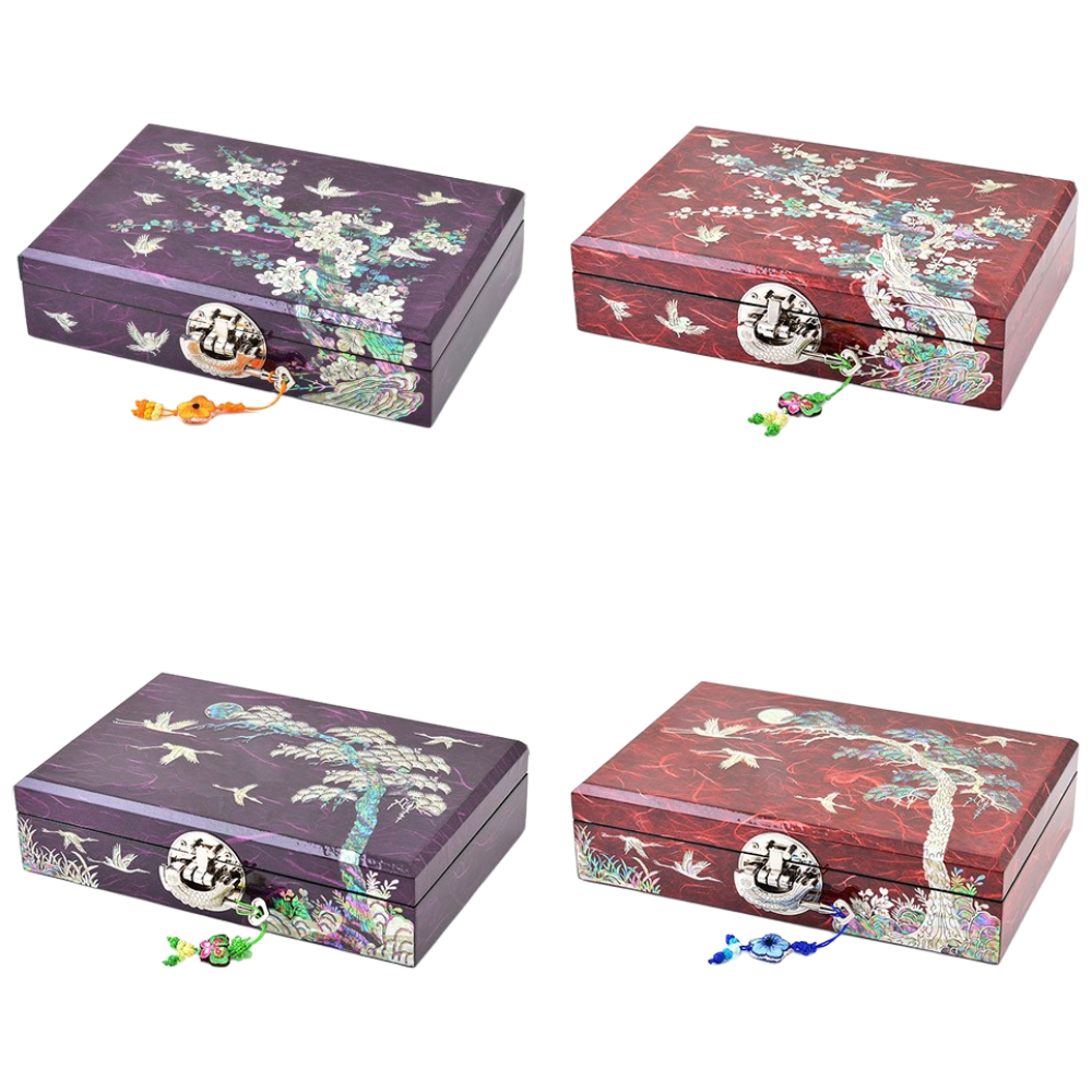 한지나전칠기 보석함(매화/송학) 자개함 회사기업방문손님 중국인바이어 외국인사돈 예단비함 자개보석함 한국전통기념품 결혼기념일선물 시어머님생신선물 악세사리보관함 시계보관함, 적 매화 154,000원