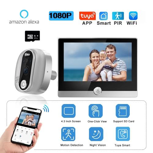 현관비디오폰 투야 초인종 1080P 와이파이 구멍 카메라 문짝 벨 PIR 고양이 눈 보안 보호용 홈 디지털 뷰어 43 인치 101,120원