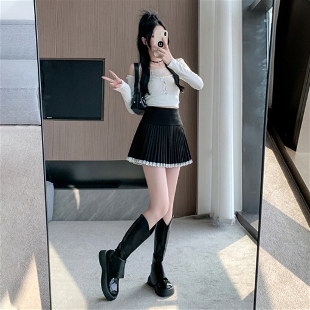 Vezri 여성용 A라인 플리츠 치마 레이스 장식 봄 가을 귀여운 미니스커트 15,020원