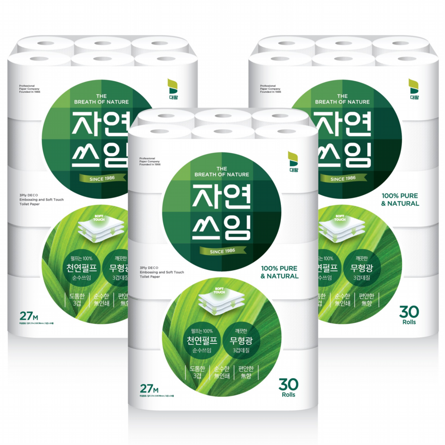 자연쓰임 천연펄프 화장지 그린 3겹 27m 30롤 3팩 총 90롤 32,400원