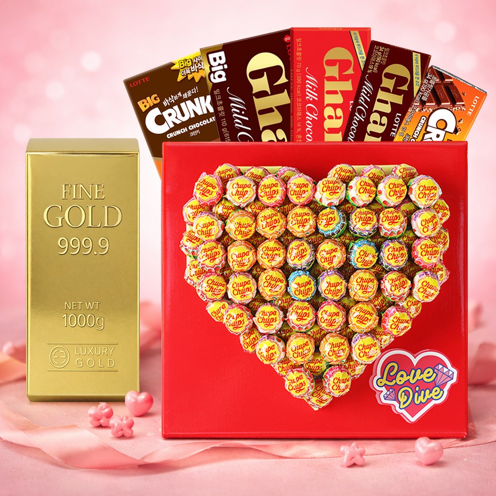 아이 러브 초콜릿 츄파춥스 사탕 선물세트 골드바 초콜릿 + 츄파춥스 러브 다이브 하트 수능 시험 합격 졸업 생일 발렌타인데이 화이트데이, 1.195kg, 1세트 40,900원