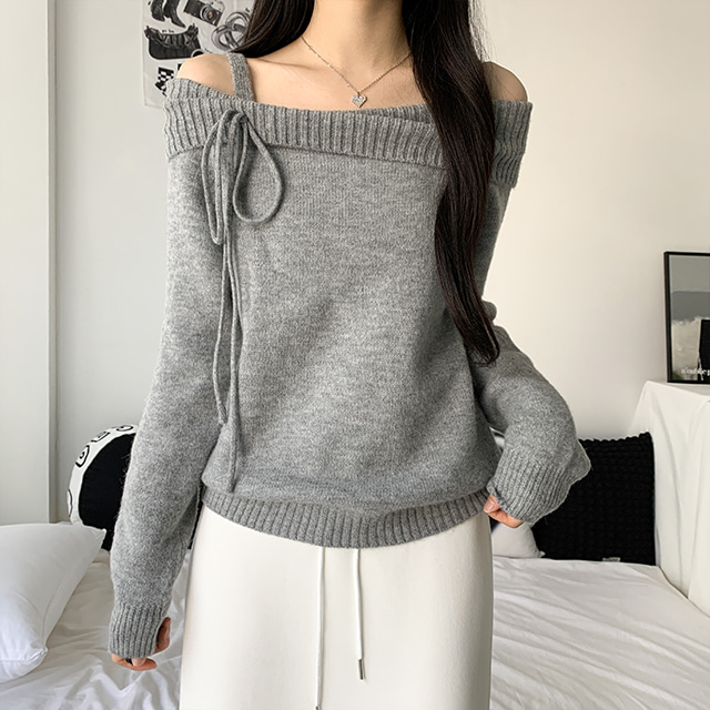 [여리/러블리/4col] 캔디 여리핏 오프숄더 셔링 리본 니트 50,300원