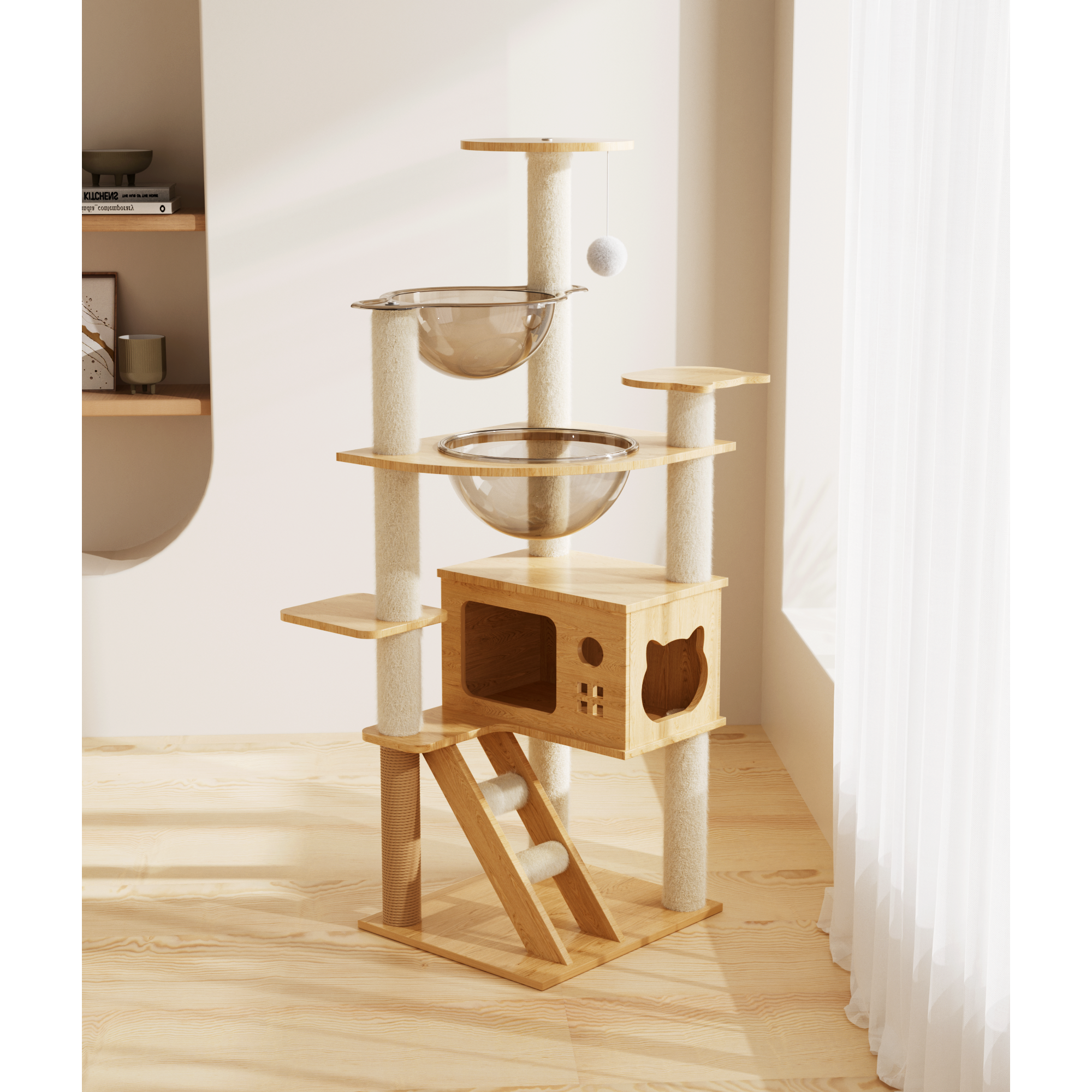 아그다 6단 캣타워 숨숨집 투명해먹 2마리, 1개, 원목 77,900원