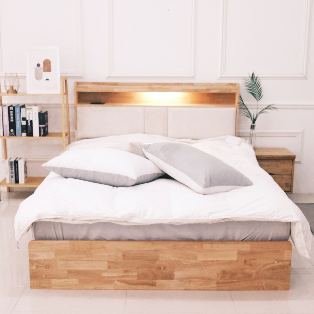 아르볼가구 도나 원목 LED조명 수납형 침대프레임 네추럴, 침대프레임_네추럴_폼매트포함 588,000원