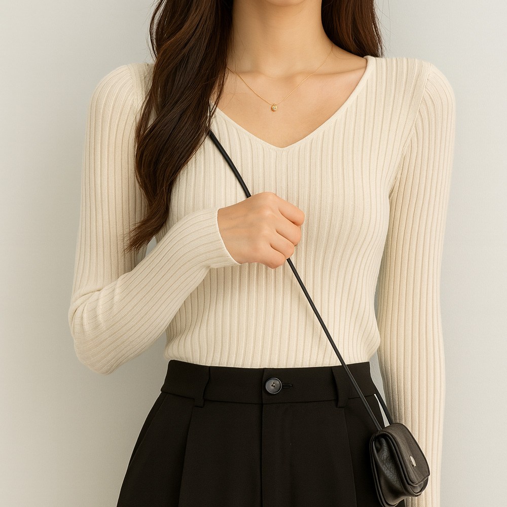 TLB V 여성 브이넥 골지 니트 티셔츠 봄가을 슬림핏 긴팔 이너 12,900원