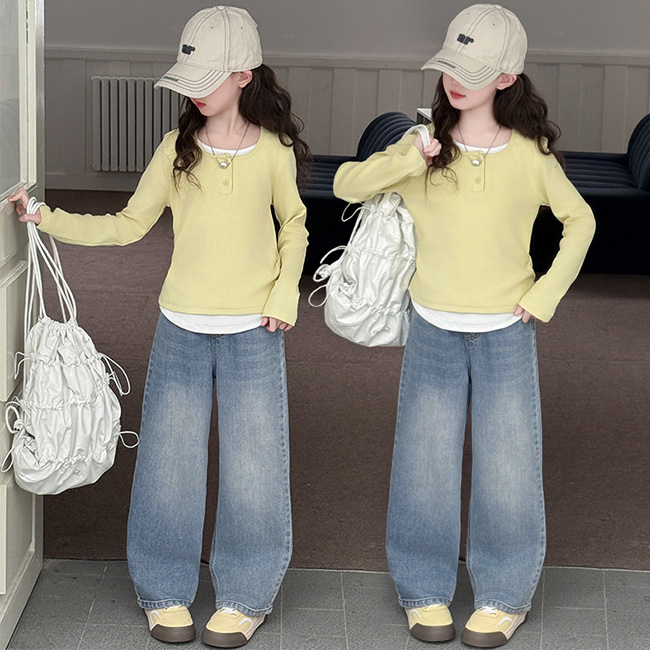 비비키드 여아 봄 가을 신상 페이크레이어드 초중생 상하복 세트 주니어 긴팔티 상하 세트 초등생 청바지 (6606) 40,800원