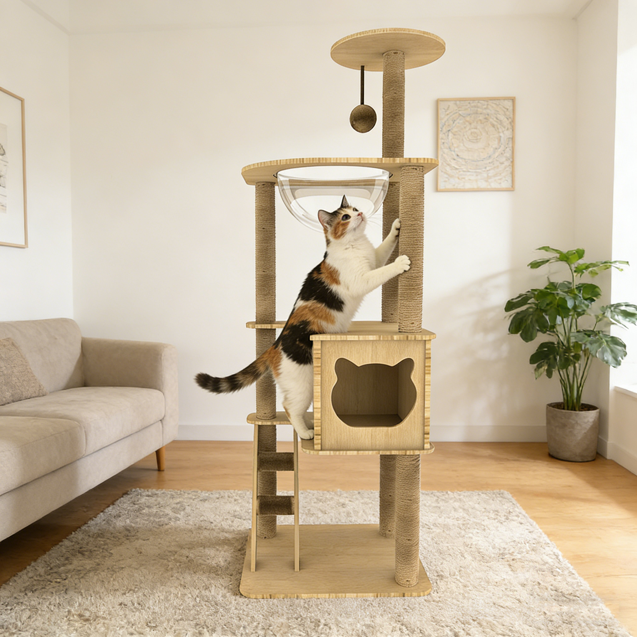 BIKASU  캣타워 실내용 다양한 다층 구조로 고양이 스크래쳐 다기능 고양이집 +놀이터 링트리 등반 프레임 고양이장난감 고양이 놀이 공간 대형 및 소형 고양이 모두사용 45,430원