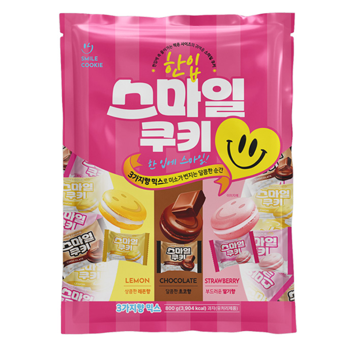 한입 스마일 샌드쿠키 세가지맛(초코,레몬,딸기) 믹스 대용량 개별포장(약 160개입) 과자, 1개, 800g 13,900원