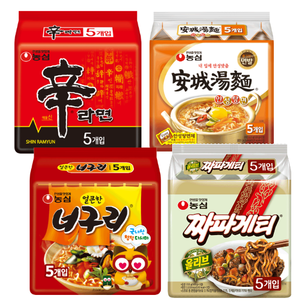 (장우)농심 신라면 120g x 5p + 안성탕면 125g x 5p + 얼큰 너구리 120g x 5p + 짜파게티 140g x 5p 21,700원