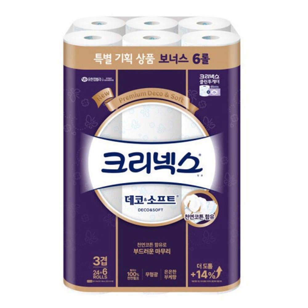 크리넥스 데코앤소프트 3겹 25m (24롤+6롤) 1팩 (30롤) 수딩플러스 28,680원