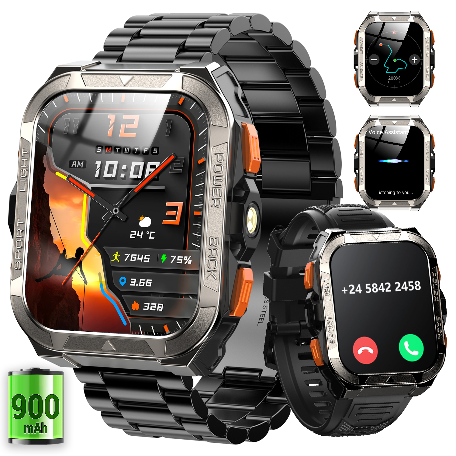 IOWODO W80 Pro 아웃도어 GPS 스마트워치 메탈 스트랩 1.91인치 대형 디스플레이 블루투스 통화 나침반 2.0 LED 손전등 IP68 방수 한국어 버전, GPS + 블루투스, 4.6cm, 검은색 94,200원