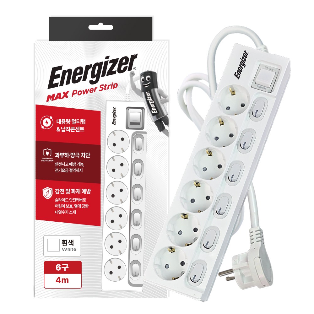 에너자이저 개별스위치 멀티탭 6구 납작플러그 과부하차단 16A, 1개, 화이트(개별스위치 6구), 4m 37,300원