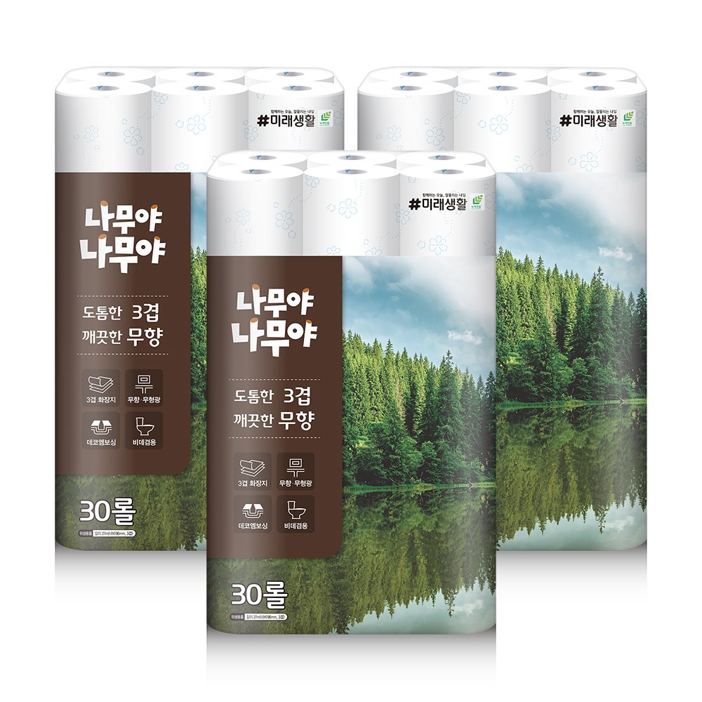 미래생활 나무야나무야 도톰한3겹 깨끗한 무향 화장지27M 30롤 3팩, 3개, 30롤, 27m 31,000원