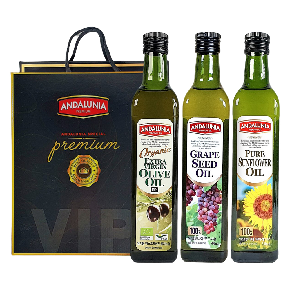 안달루니아 올리브유 + 포도씨유 + 해바라기씨유 선물세트 + 쇼핑백, 1세트 33,800원