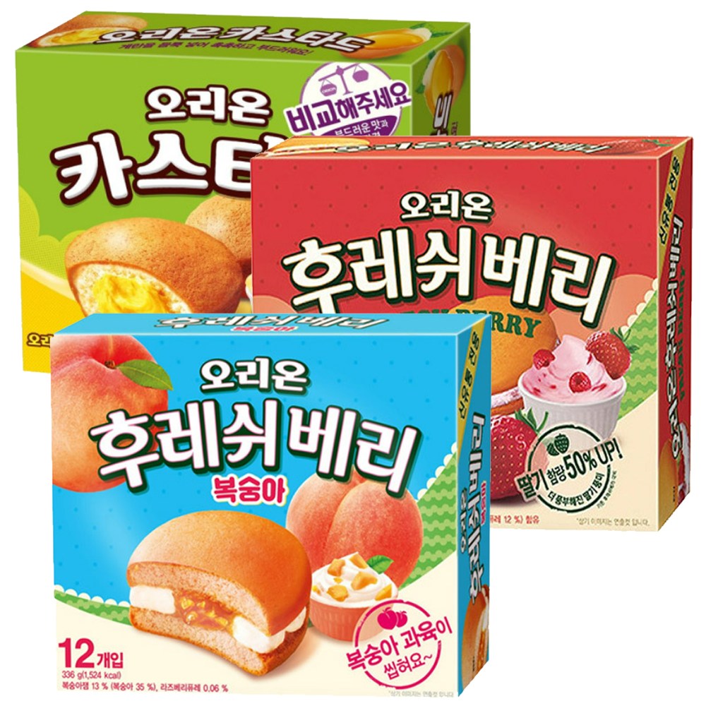 오리온 카스타드 12p 276g 1개 + 후레쉬베리 딸기 12p 336g 1개 + 후레쉬베리 복숭아 12p 336g 1개 (총3개) 14,370원