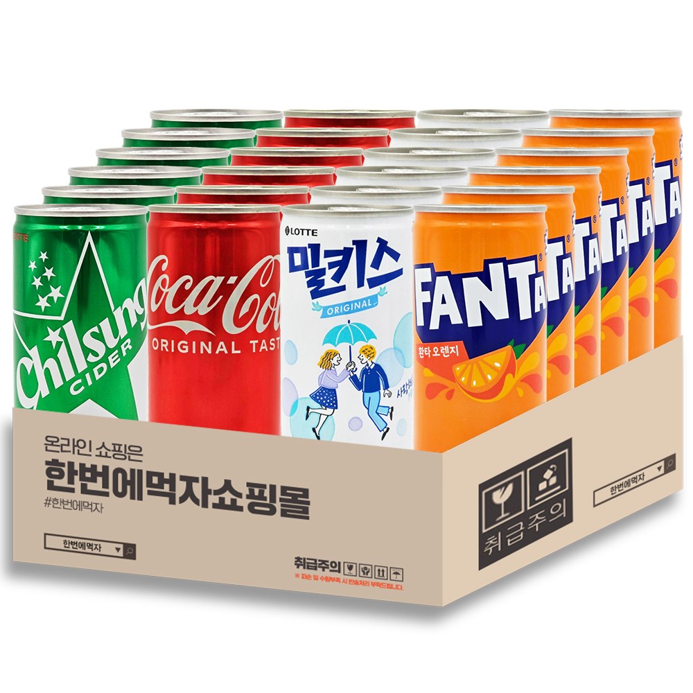 [한번에먹자] 미니캔모음 세트 / 환타오렌지 + 코카콜라 + 칠성사이다 + 밀키스 / 각6캔씩, 24개, 190ml 18,100원