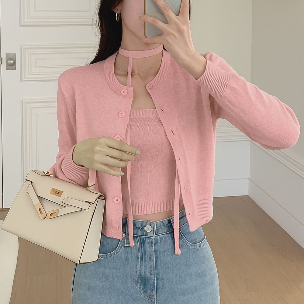 떳다그녀 슈피아 캐시미어 니트 쓰리피스 봄 카디건 머플러 타이 슬리브리스 가디건 스카프 나시 세트 35,800원