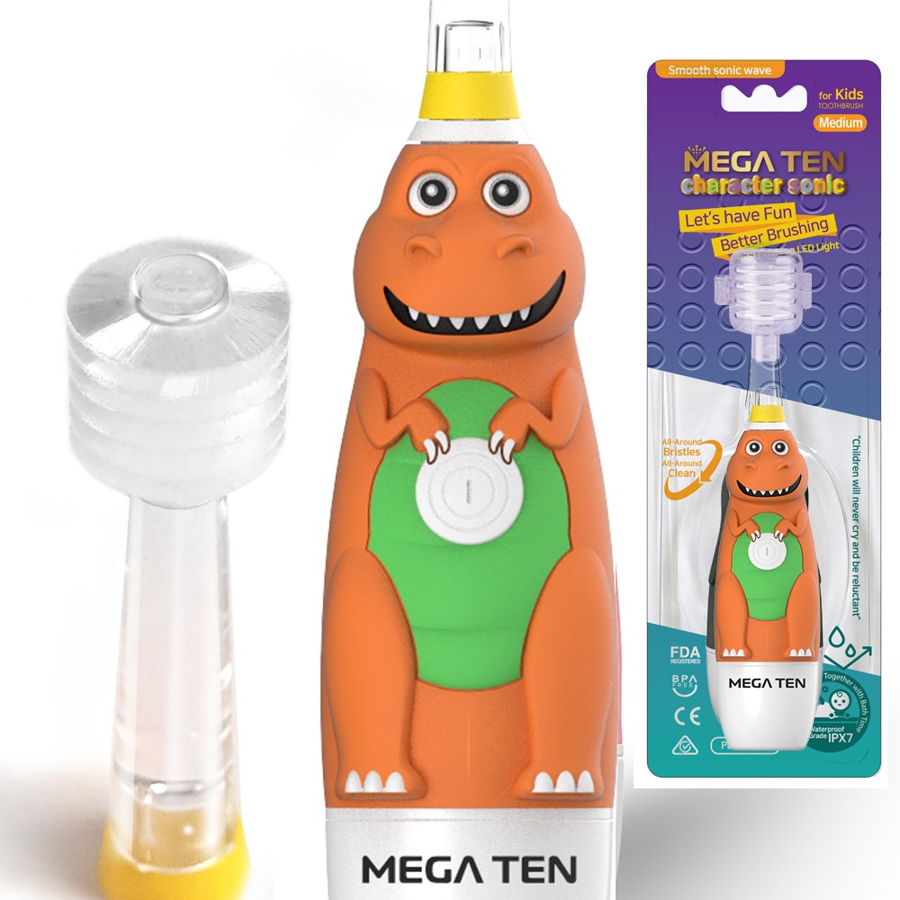 [메가텐] 공룡 캐릭터소닉 360도칫솔모 어린이용 부드러운 음파전동칫솔 싱글팩+헤드켑 (소프트 미디엄 리필 4P 별도옵션), 오렌지, 1세트, 공룡캐릭터 음파전동칫솔 미디엄 16,000원