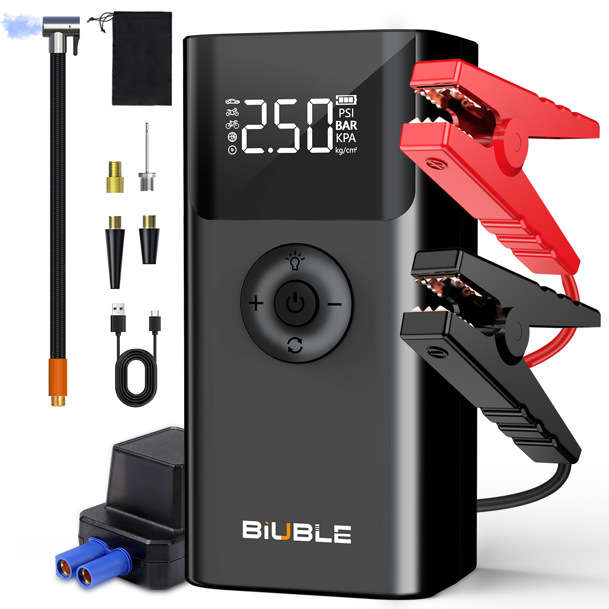 BIUBLE 3000A 점프스타터 올인원 타이어 공기압 주입기 대용량 보조배터리 지원 오토바이 점프 가능+스마트 점프 케이블, 1개, 14800mAh 106,400원