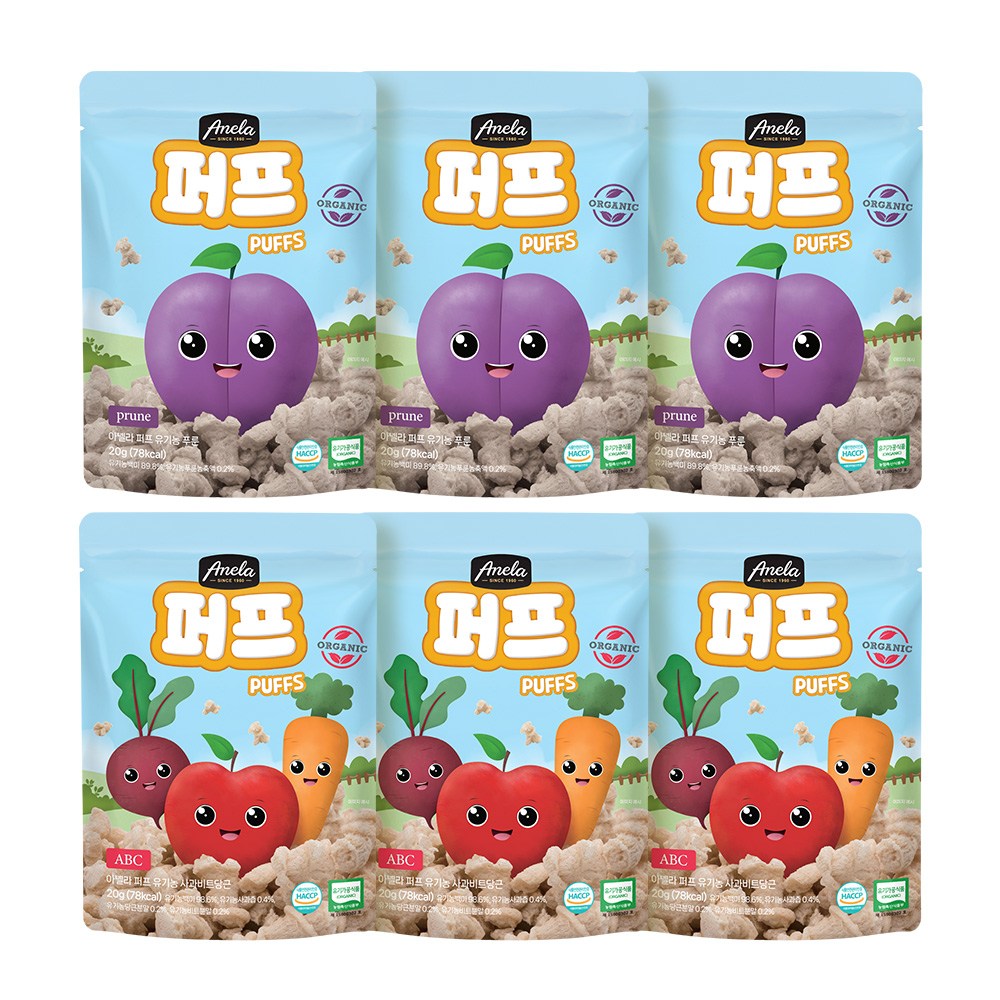아넬라 유기농 퍼프 2종 x 3p 세트, 혼합맛(사과비트당근/푸룬), 120g, 1세트 13,800원