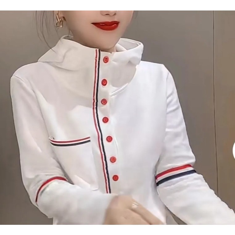 [쉬즈본] 뉴커후드상의/단추 포인트 여성 카라 티셔츠 슬림핏 배색 버튼 긴팔 데일리 미시룩 25,000원