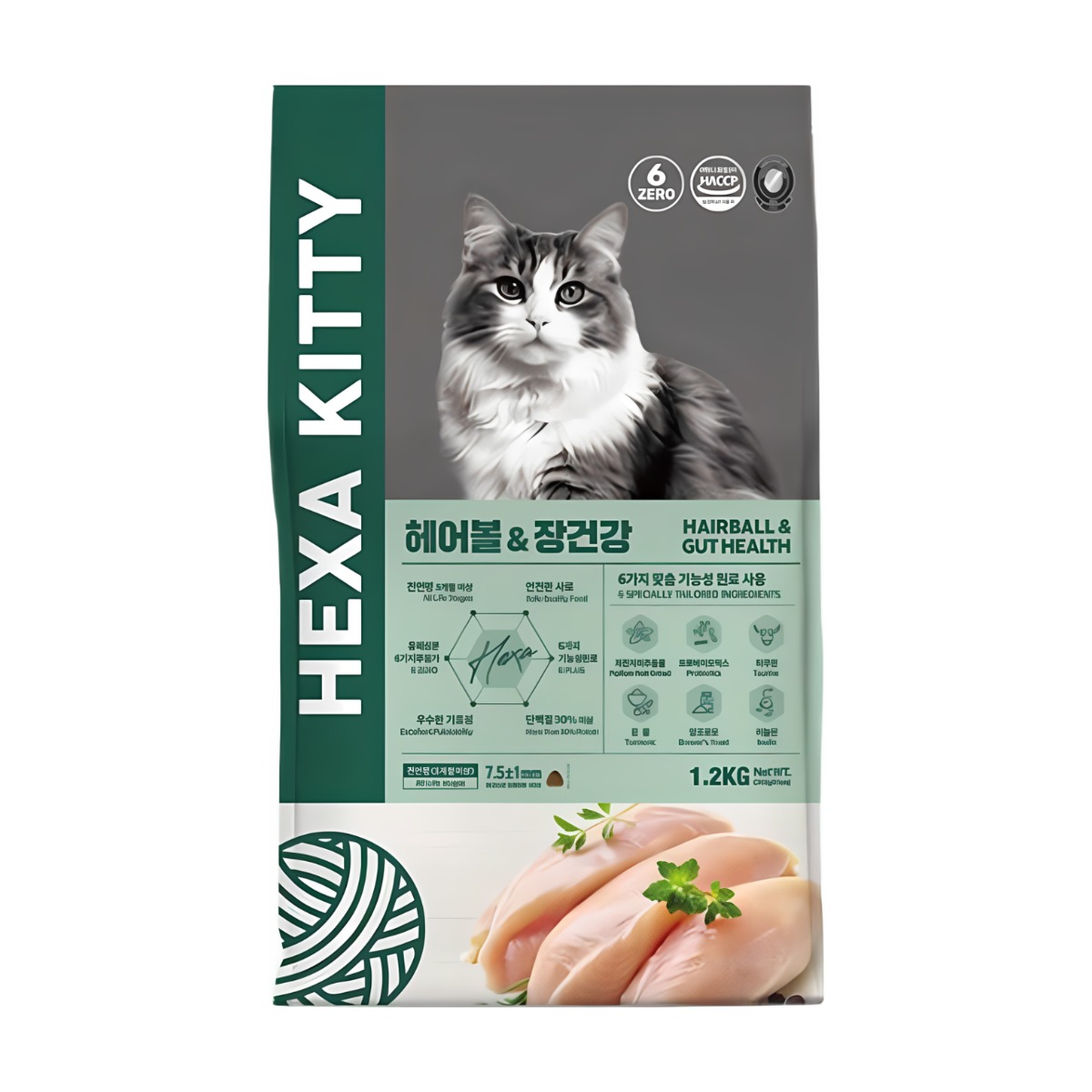 헥사키티 고양이사료 헤어볼&장건강 4kg + 가필드짜먹는간식4p+마이캣츄 1P 46,000원