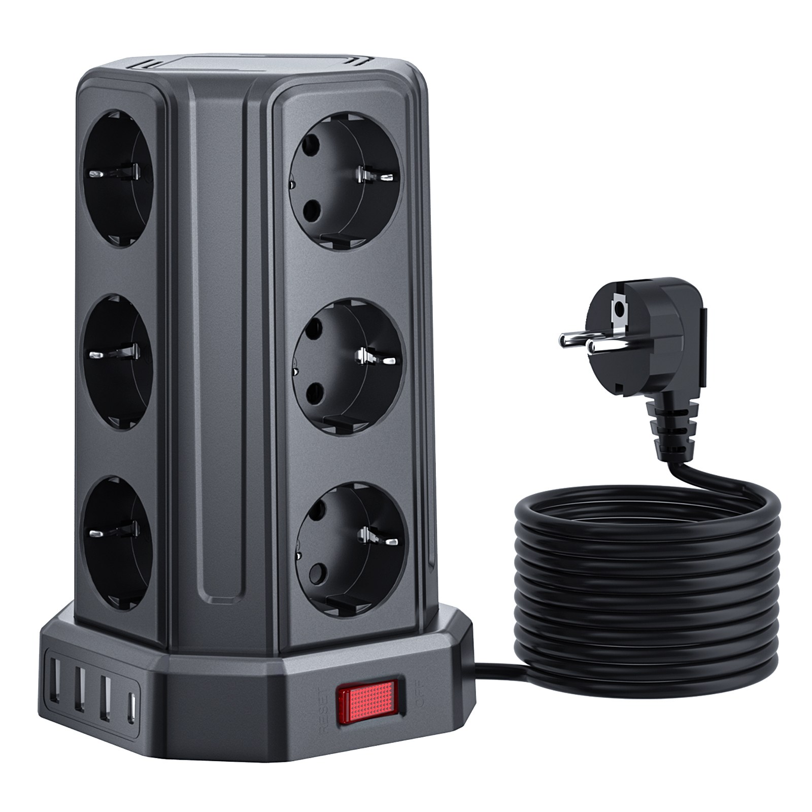 Sameriver 타워형 전원 스트립, USB 포트 4개 포함(최대 3.4A/16W 의 USB-A 3+ USB-C) 전기 소켓 12구, 스위치 4개, 3M 케이블,KC 인증서 취득, 1개, 검은색, 3m 66,000원