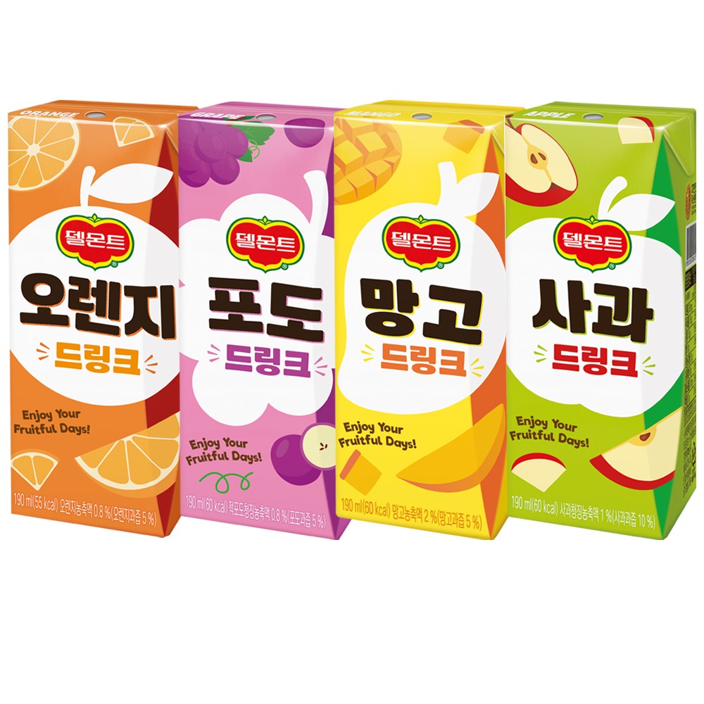 [메리박스] 190mlx32개 혼합 델몬트 드링크 오렌지, 포도, 파인애플, 사과, 망고 8개씩 5,860원