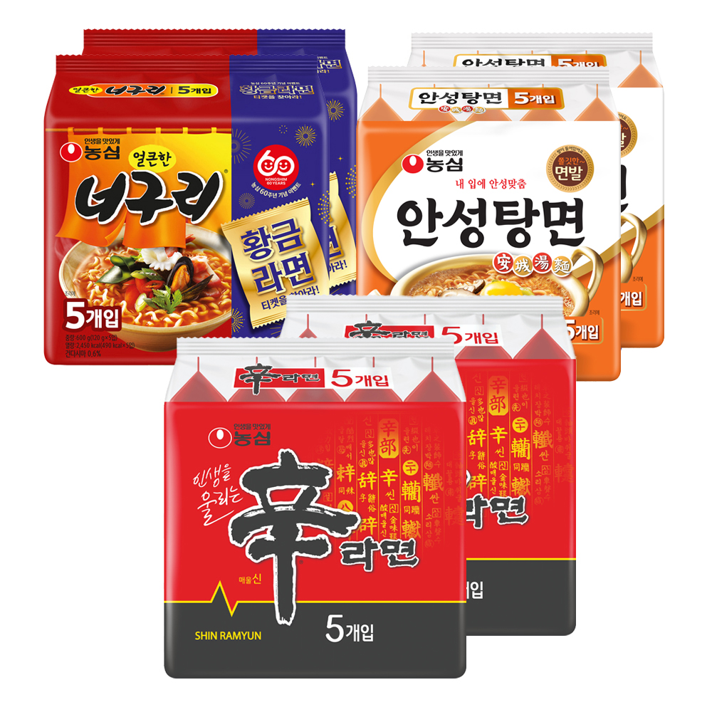 농심 신라면 10개 120g + 안성탕면 10개 125g + 너구리 10개 120g 24,740원