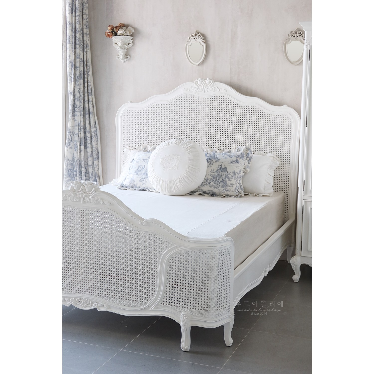 로제 라탄 침대 color 딥크림, 모던프렌치 쉐비시크 앤틱 침실 베드룸 프레임 슈퍼싱글 퀸 킹 원목 사이즈 주문 제작 우드아뜰리에 2,145,000원