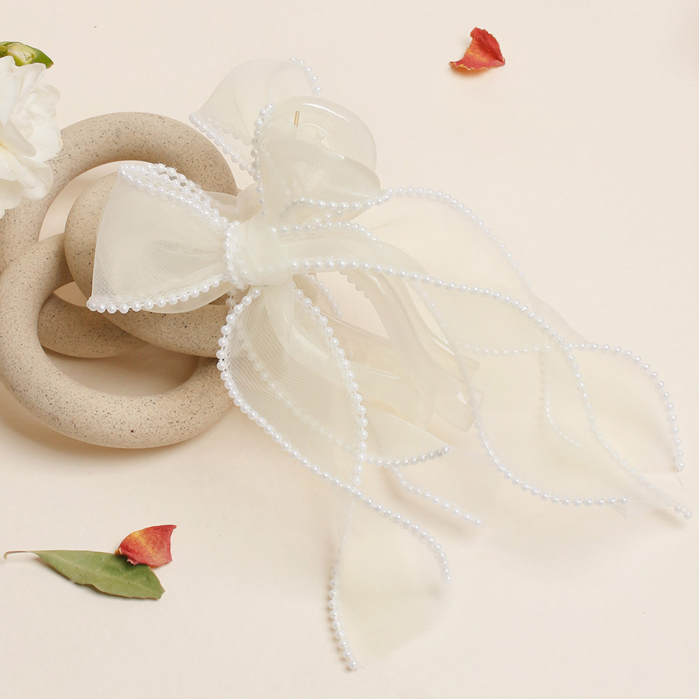 초콜리트쥬얼리 라인진주 14cm 빅 사이즈 올림머리 헤어 집게 오간자 드롭 리본핀 - 3color 14,900원