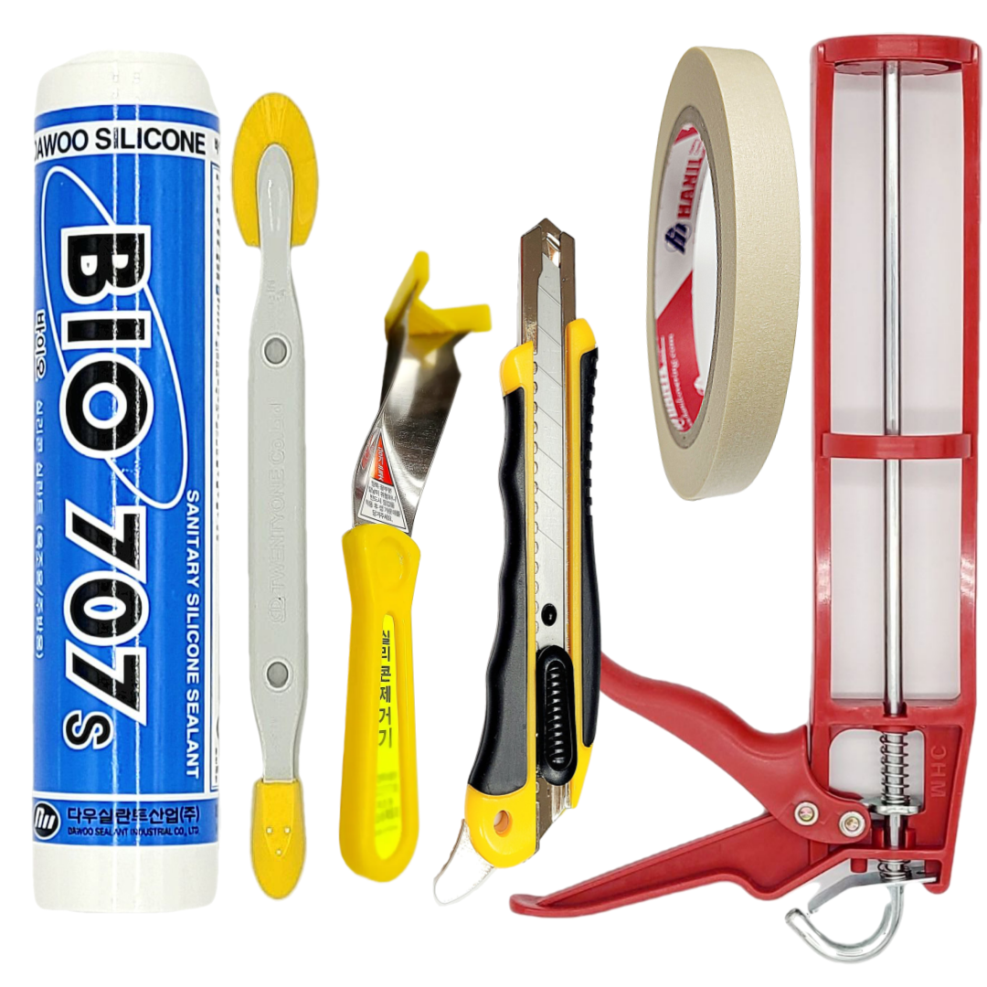 욕실용 바이오 실리콘 보수 세트(실리콘 백색+건+양날헤라+테이프+제거기+커터칼) 총 7종, 1세트 18,800원