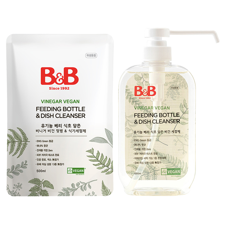 비앤비 비니거 비건 젖병 & 식기세정제 리필형 500ml + 용기형 600ml 세트 15,490원
