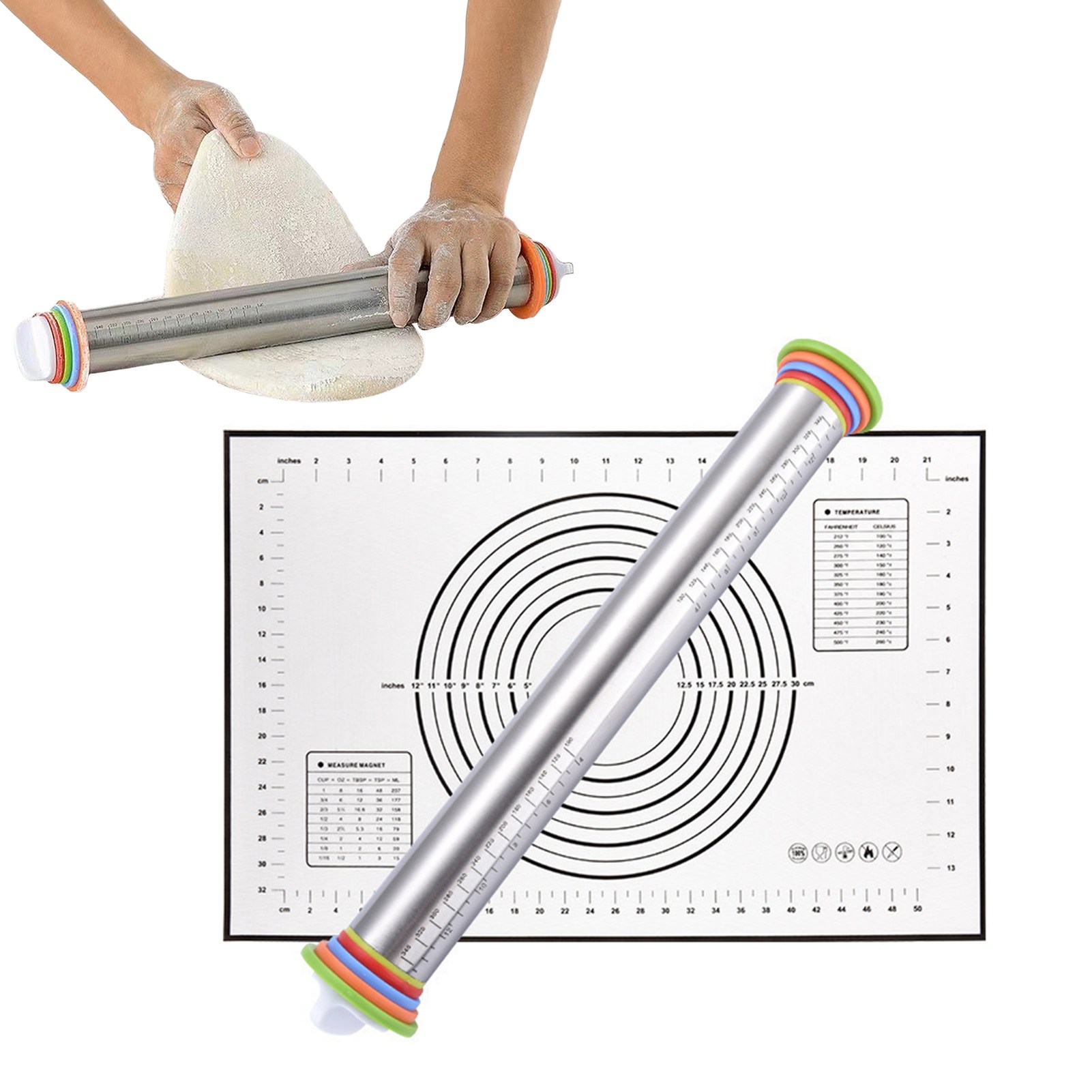 롤링 밀대+실리콘 작업대 이홈베이킹 눈금있는 조절 가능한 스텐 밀대, 1세트 15,430원