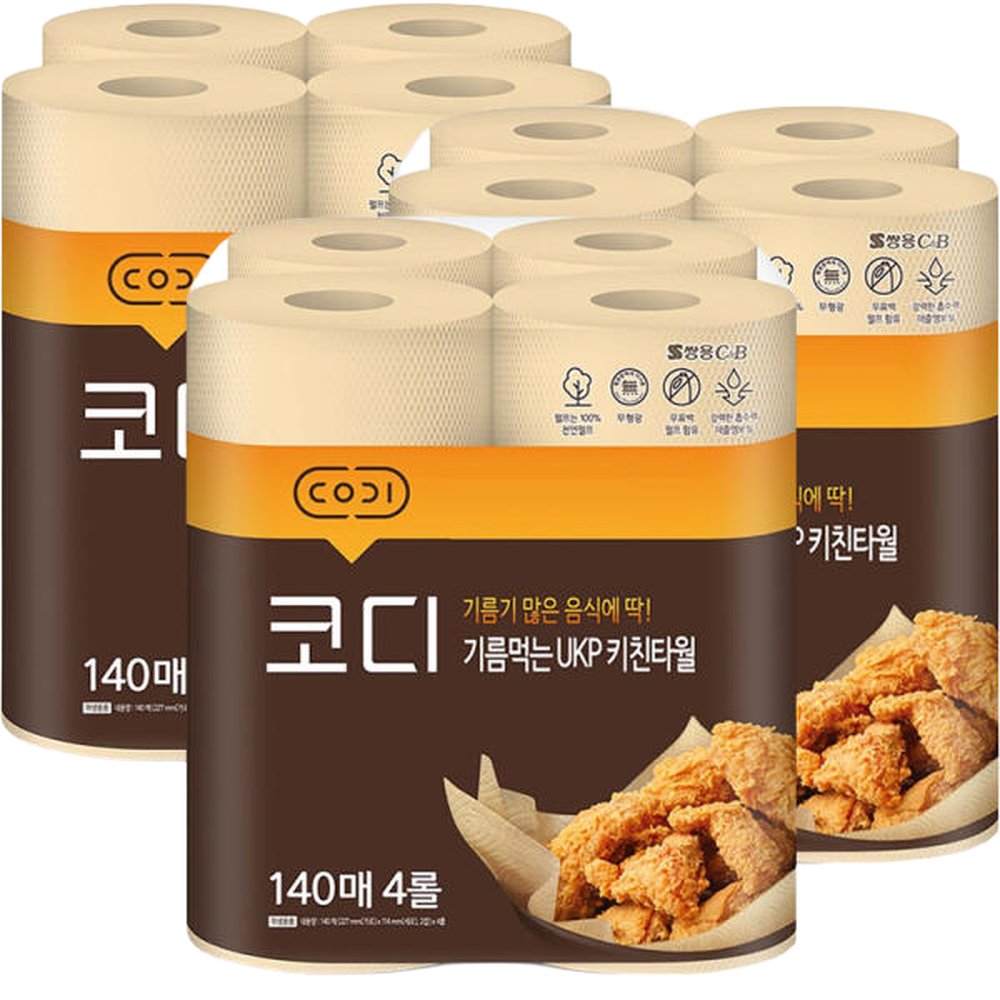 코디 기름먹는 UKP 키친타월 140매 4롤 3팩 (12롤) 키친타올, 150매, 3박스 25,550원