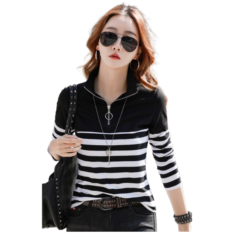 봄가을용 여성 긴팔 티셔츠 스트라이프 패턴 스타일리시 디자인 루즈핏 대형 사이즈 편안 착용 가능 클래식 레이어링 베이직 아이템 25,490원